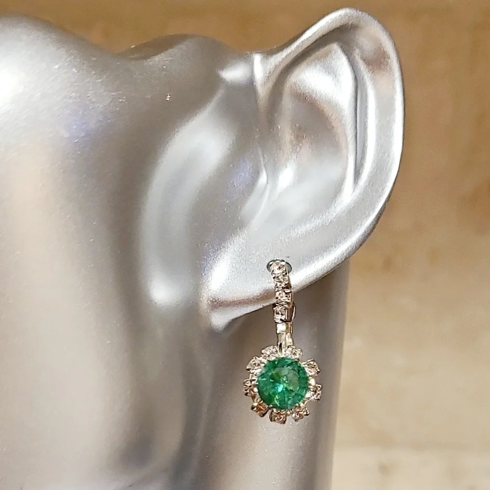 Vintage Green Crystal Rhinestone Lever back Earrings